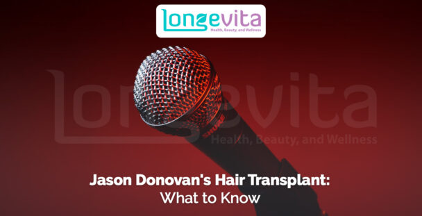 close-up of a microphone against red background with headline about Jason Donovan hair transplant