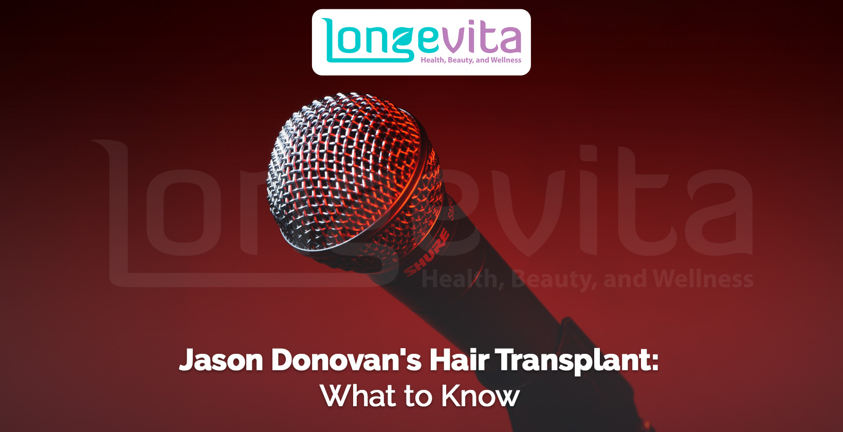 close-up of a microphone against red background with headline about Jason Donovan hair transplant