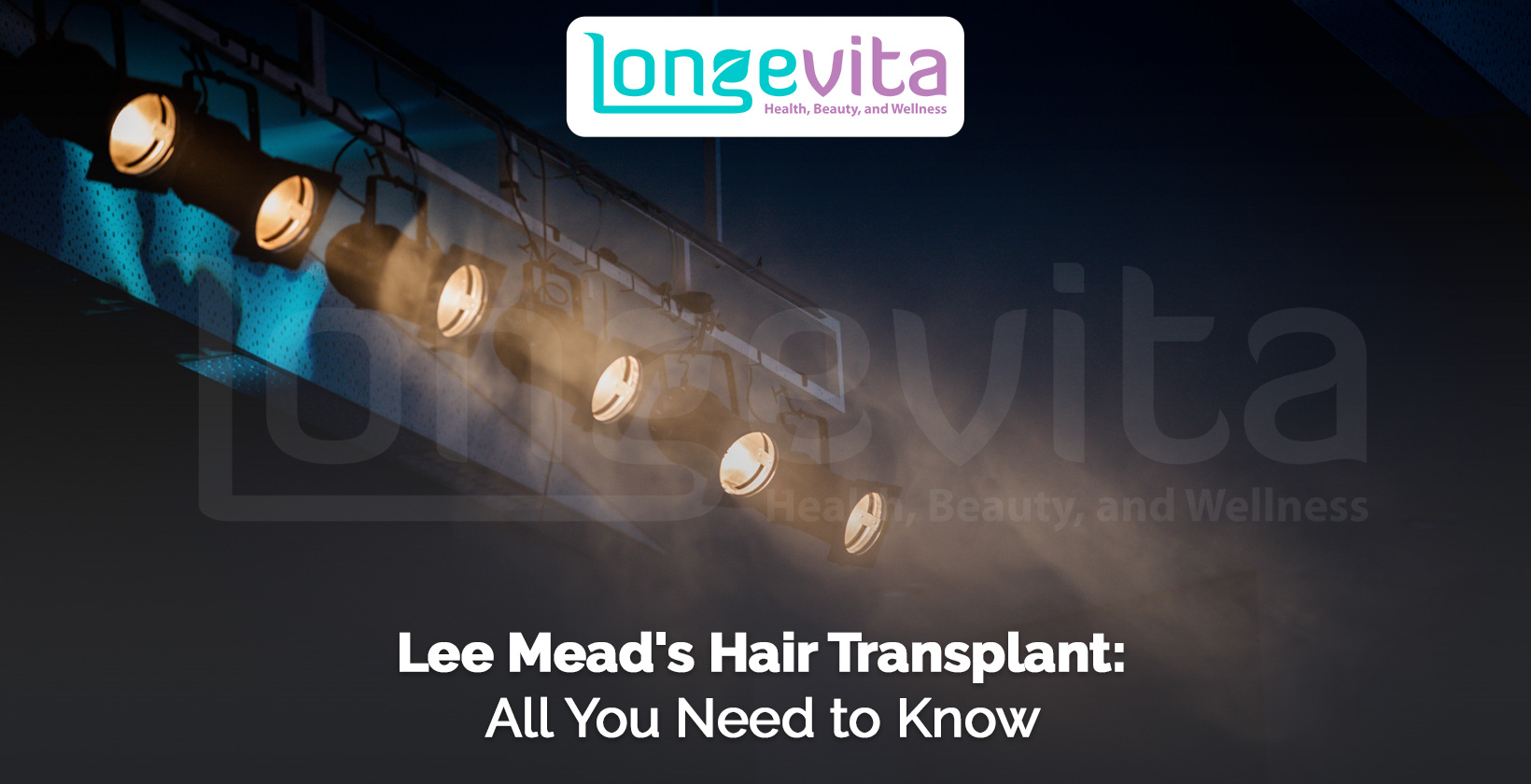 stage spotlights shining in a dark theatre setting with headline about Lee Mead hair transplant