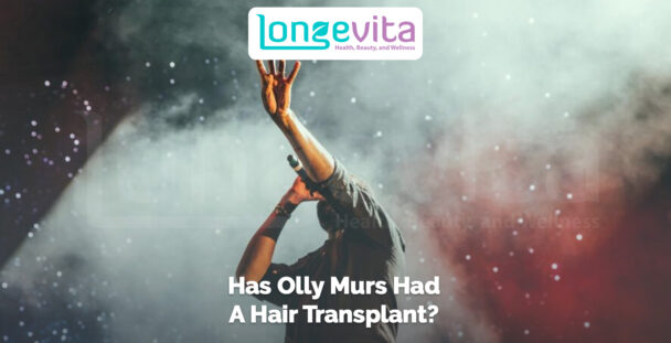 singer performing on stage with raised hand and microphone against smoky background with headline about hair transplant