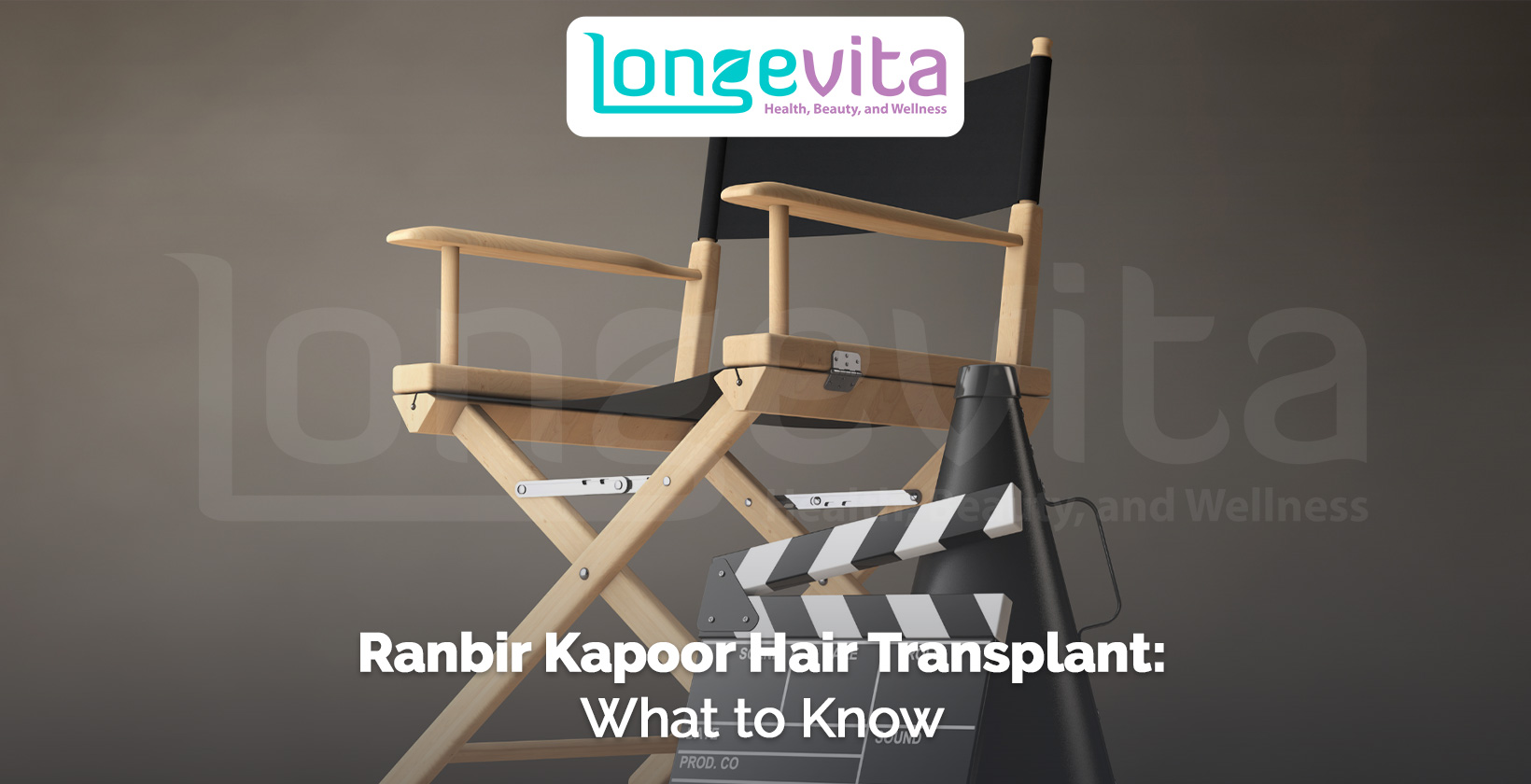 director’s chair and film clapperboard with headline about Ranbir Kapoor hair transplant