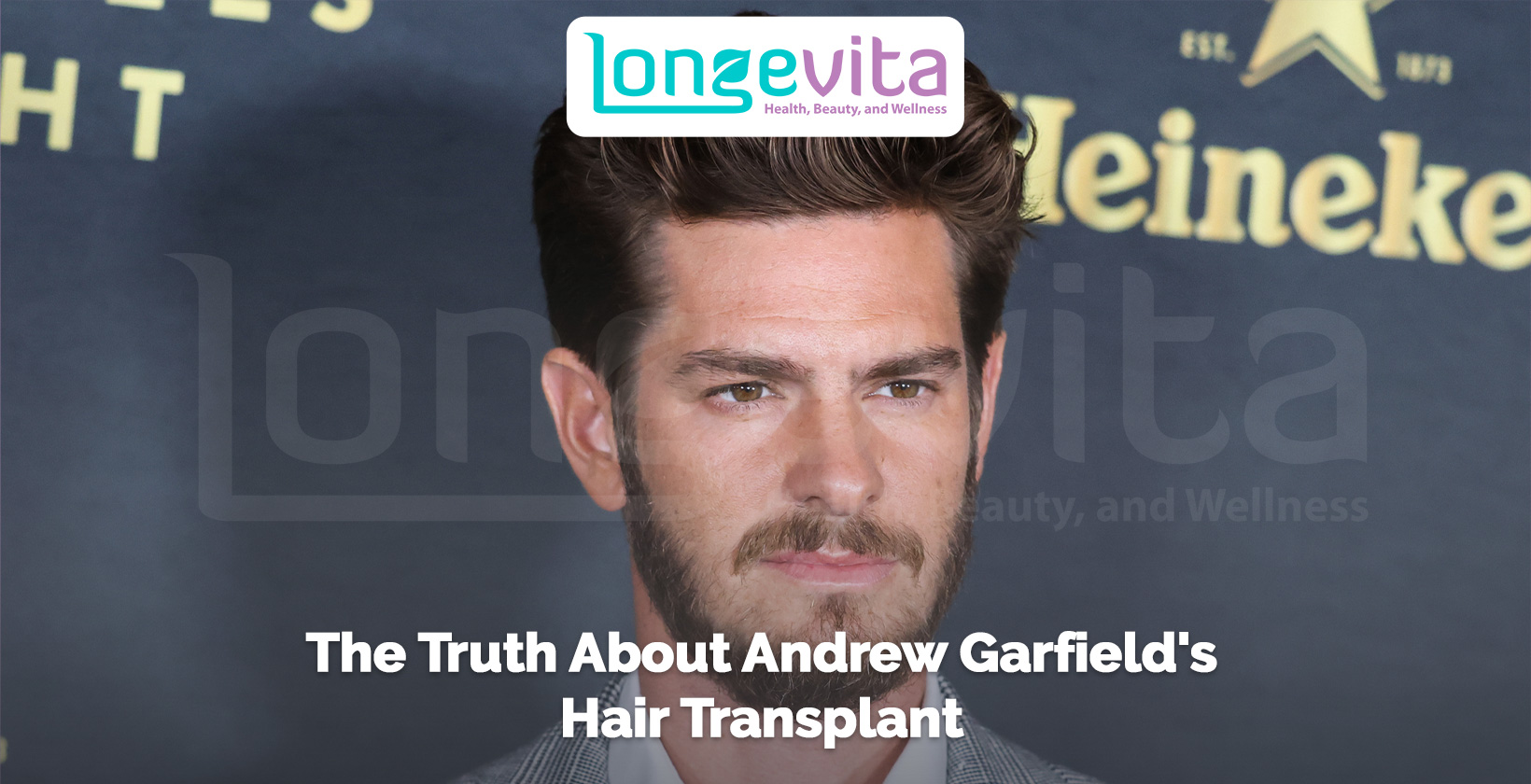 Andrew Garfield with styled hair at an event backdrop and headline about hair transplant truth