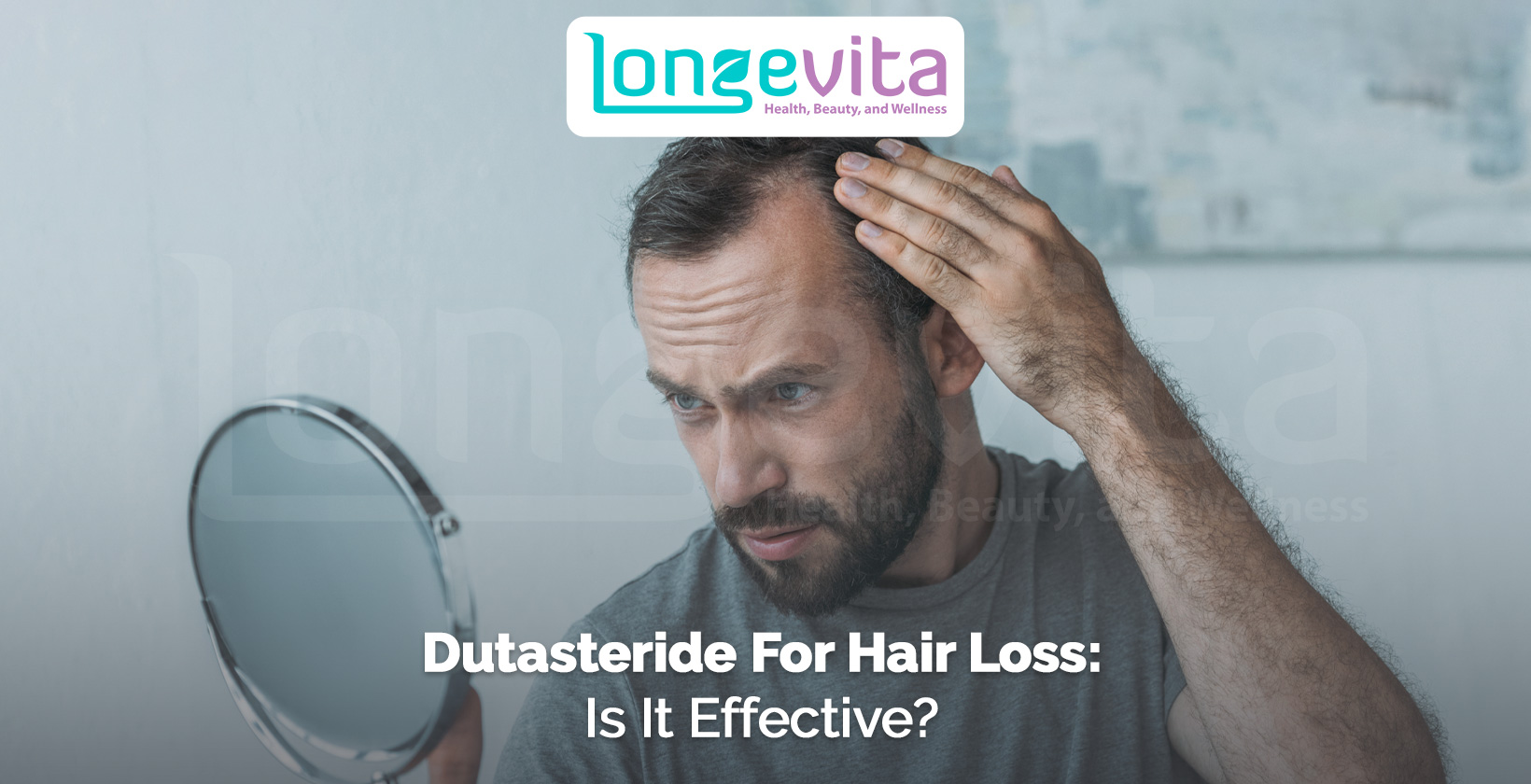 man examining thinning hair in mirror and touching scalp