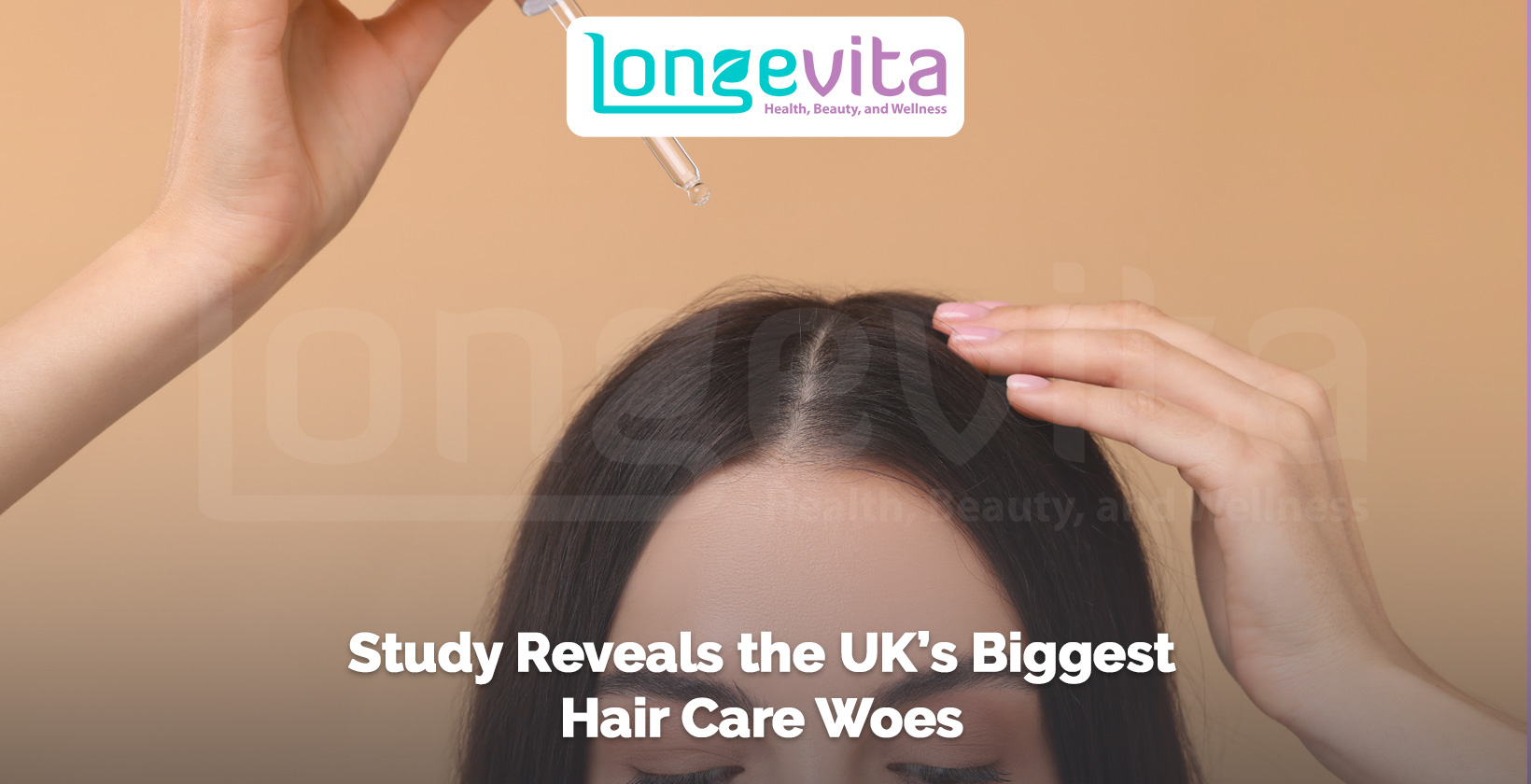 close-up of scalp with dropper applying hair treatment and headline about UK hair care issues