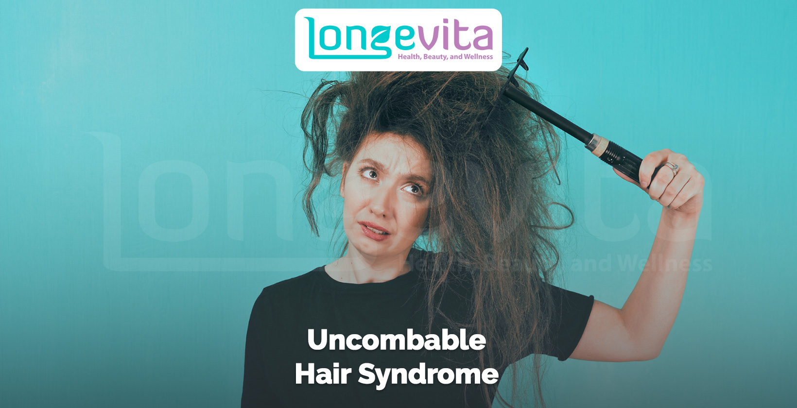 woman with frizzy, tangled hair holding a brush and looking frustrated