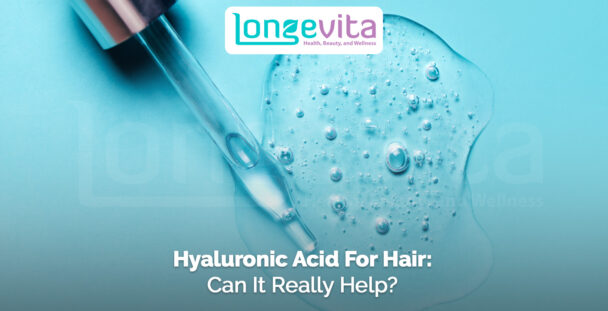 dropper and gel-like hyaluronic acid on blue background with text about hair benefits