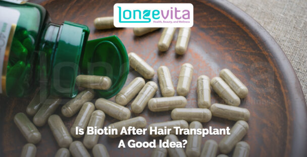 open biotin supplement bottle with capsules on a wooden plate and text about post-transplant use