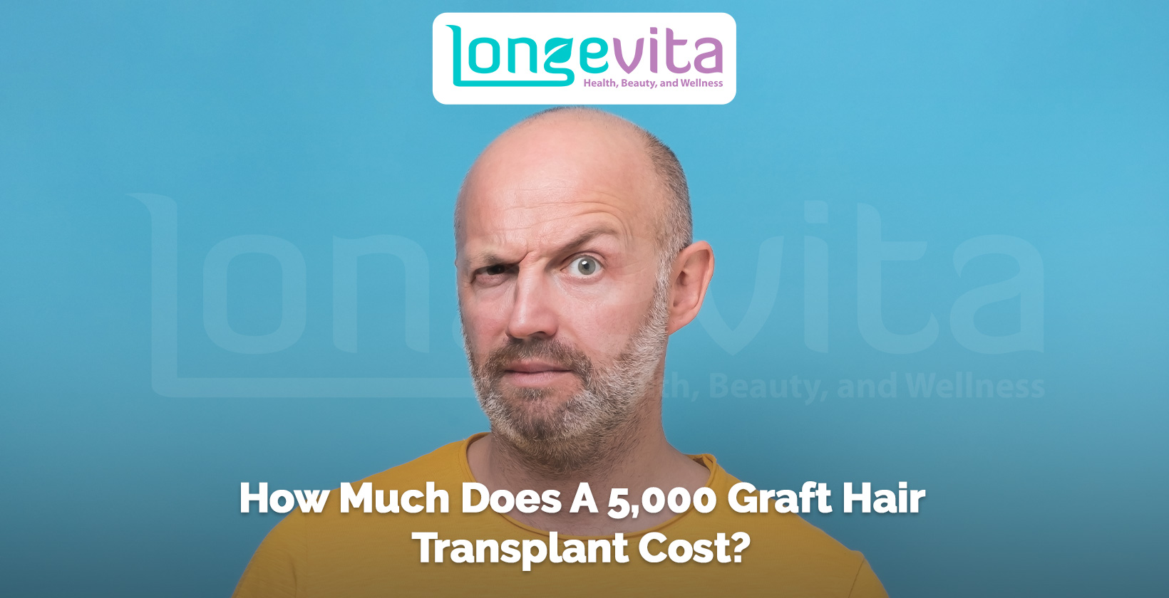 bald man with a skeptical expression on blue background with headline about hair transplant cost