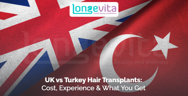 side-by-side UK and Turkey flags with headline comparing hair transplant cost and experience