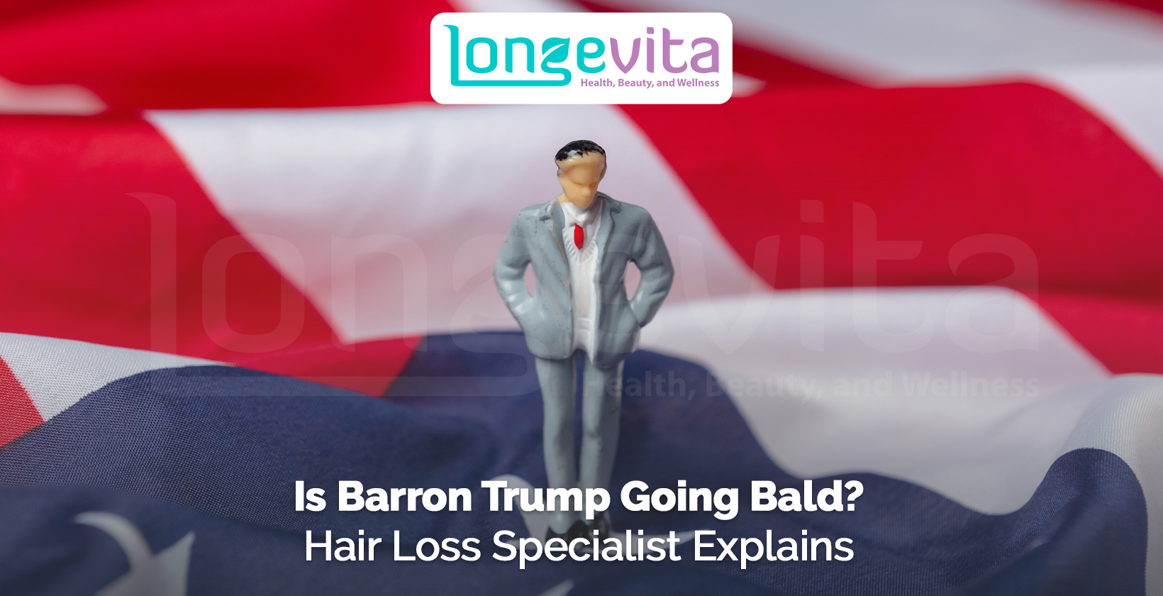 figurine of man on American flag background with headline about Barron Trump going bald