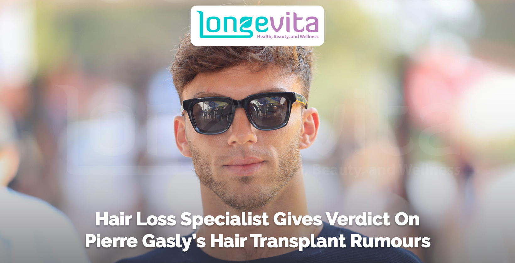 close-up of man in sunglasses with headline about hair transplant rumours