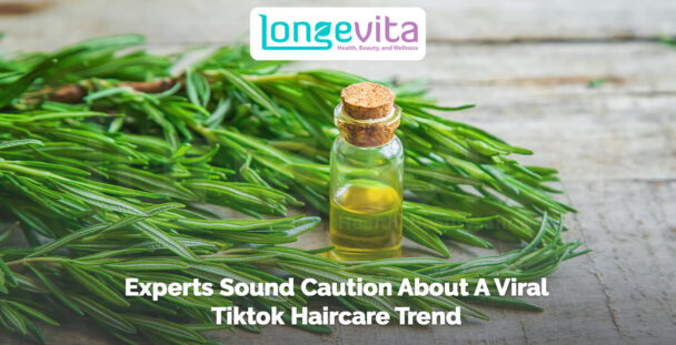 small bottle of rosemary oil surrounded by fresh rosemary with headline about TikTok haircare trend