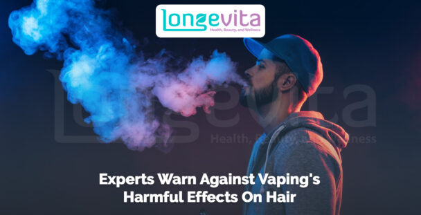 man exhaling vapor in dark setting with headline about vaping’s harmful effects on hair