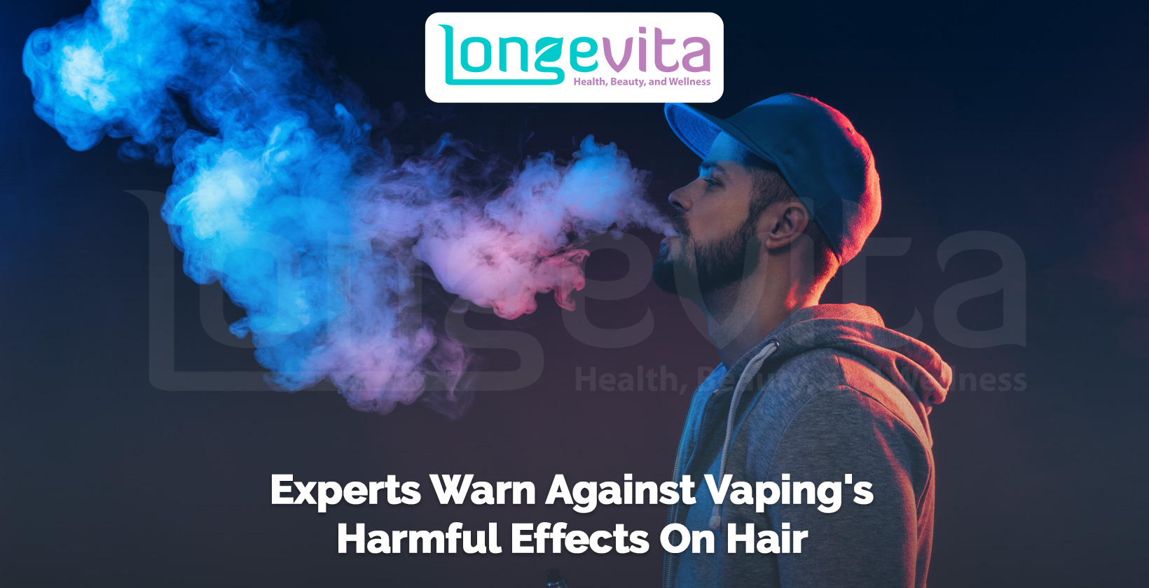man exhaling vapor in dark setting with headline about vaping’s harmful effects on hair