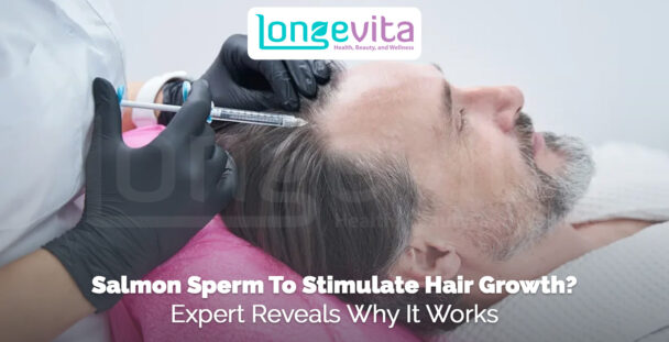 man receiving scalp injection with headline about salmon sperm for hair growth